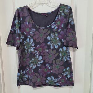 Fresh Produce Floral Print Scoop Neck Purple Gray Short Sleeve Top, M